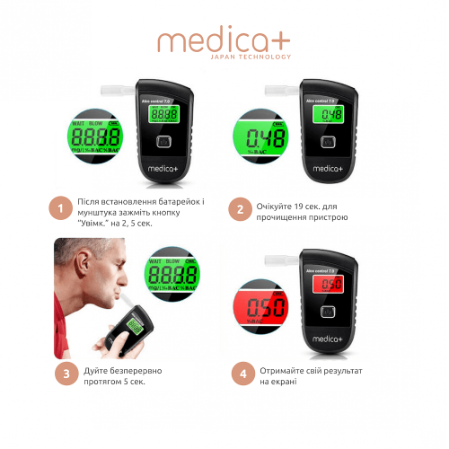 АЛКОТЕСТЕР – АЛКОМЕТР MEDICA+ ALCO CONTROL 7.0 (ЯПОНІЯ) + Комплект мундштуків для алкотестерів Medica+(40шт.)