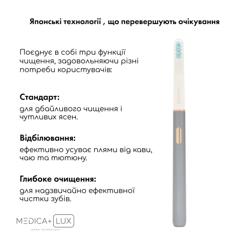 Відбілююча звукова зубна щітка MEDICA+ LUX 10Х Portable (Grey)(Japan)