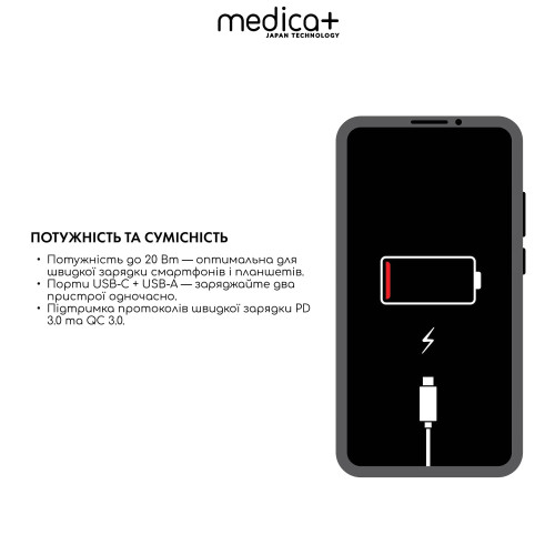 Блок універсальний підзарядний 2в1 MEDICA+ USB/Type-C (White)